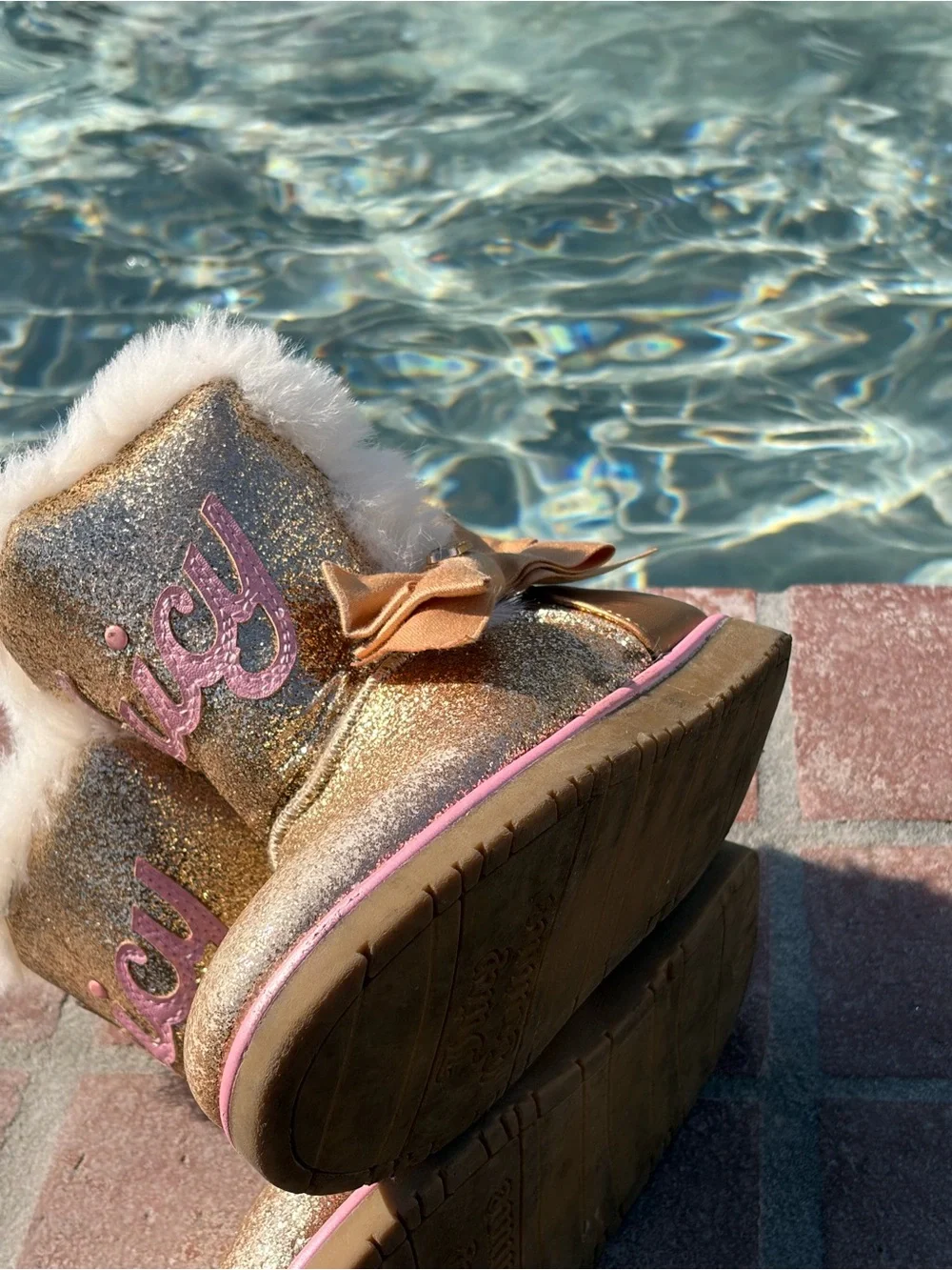 Juicy Couture Gold Glitter Faux-Fur Lined Girls' Boots with Pink Accents